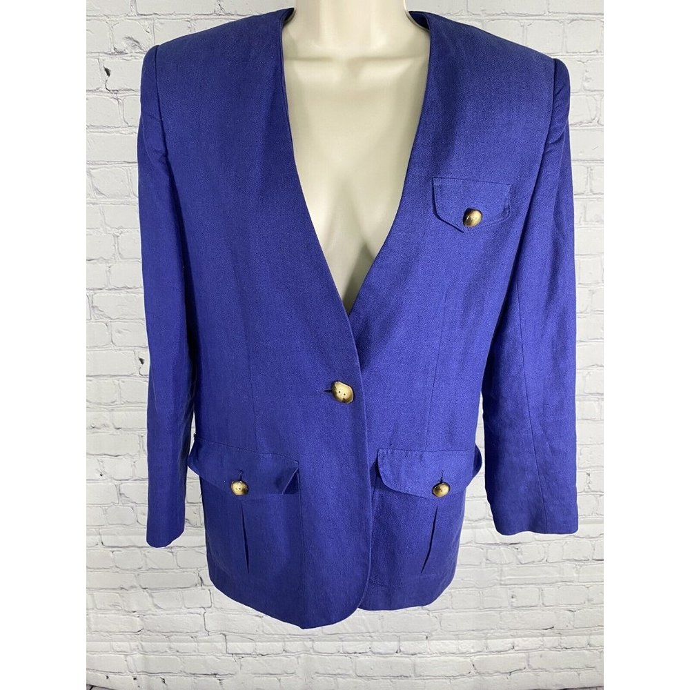 VTG SK & Company Petite Linen Cotton Blend Royal Blue Single Button Blazer 8